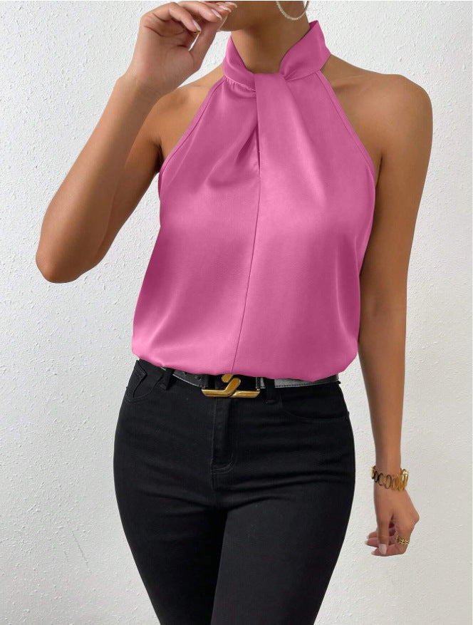 Blusa Donna in Raso Scollo allAmericana con Laccetti al Collo