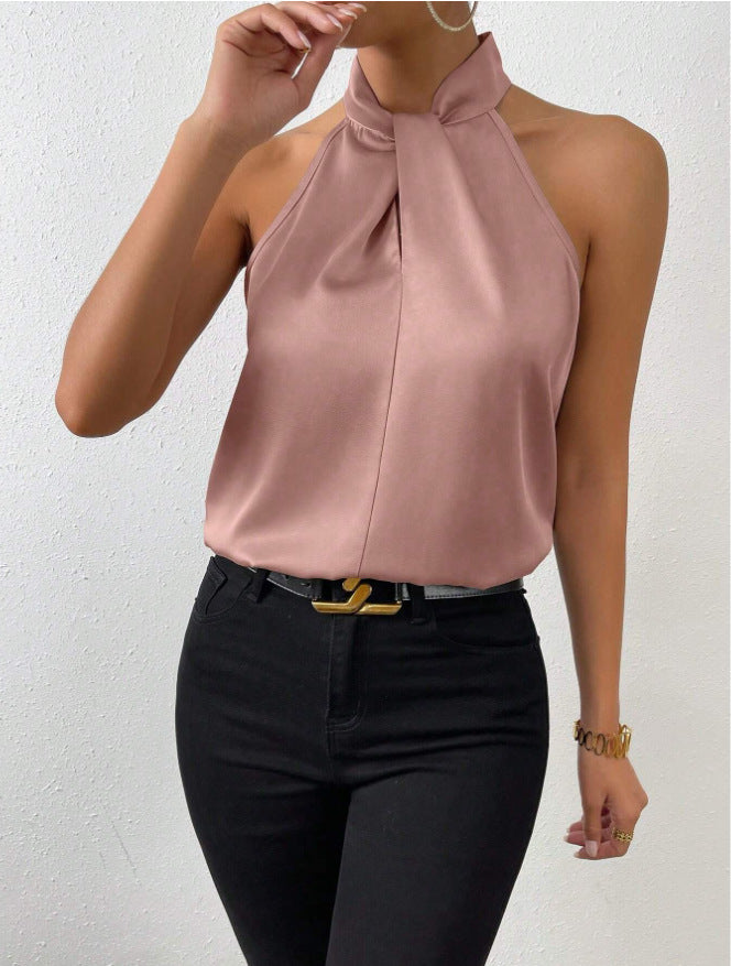 Blusa Donna in Raso Scollo allAmericana con Laccetti al Collo