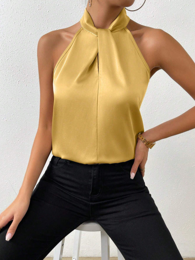 Blusa Donna in Raso Scollo allAmericana con Laccetti al Collo