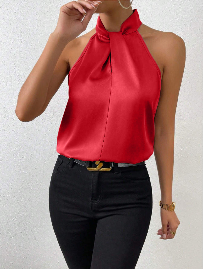 Blusa Donna in Raso Scollo allAmericana con Laccetti al Collo