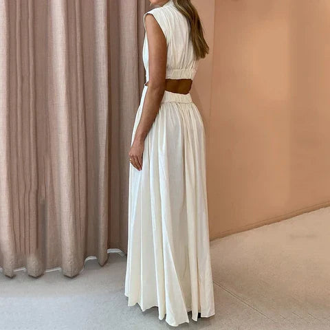 Abito Maxi Donna Plissettato Collo Alto Classico Elegante