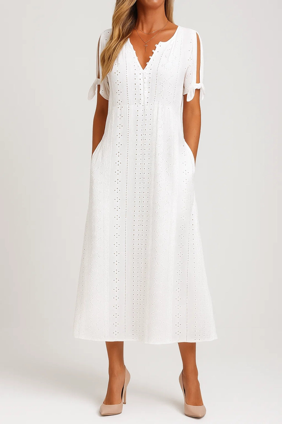 Abito Midi Donna Traforato Scollo a V Maniche con Fiocco - Vesarelli
