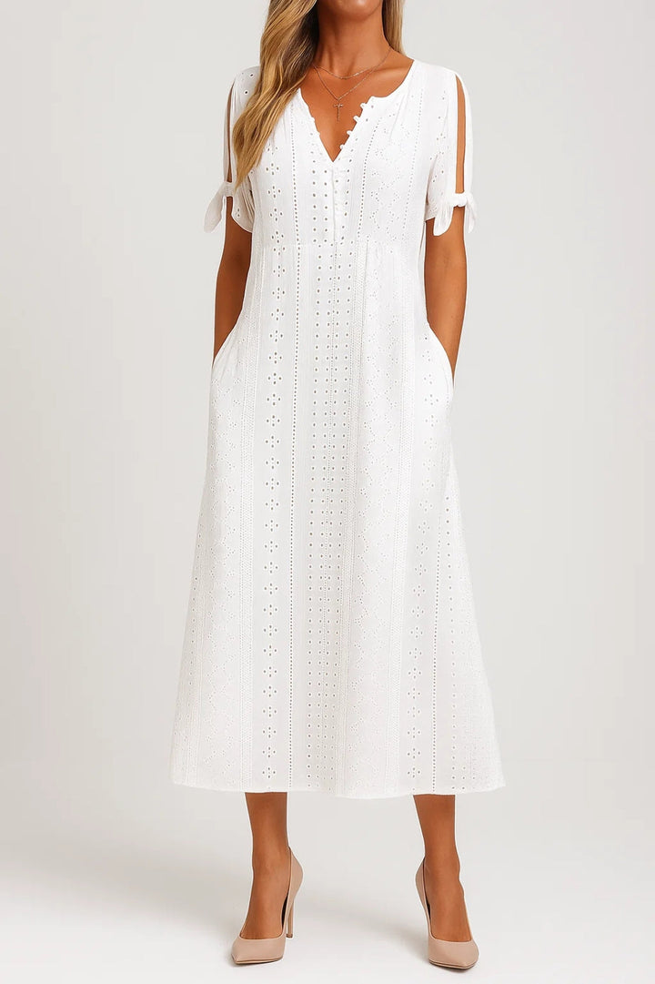 Abito Midi Donna Traforato Scollo a V Maniche con Fiocco - Vesarelli