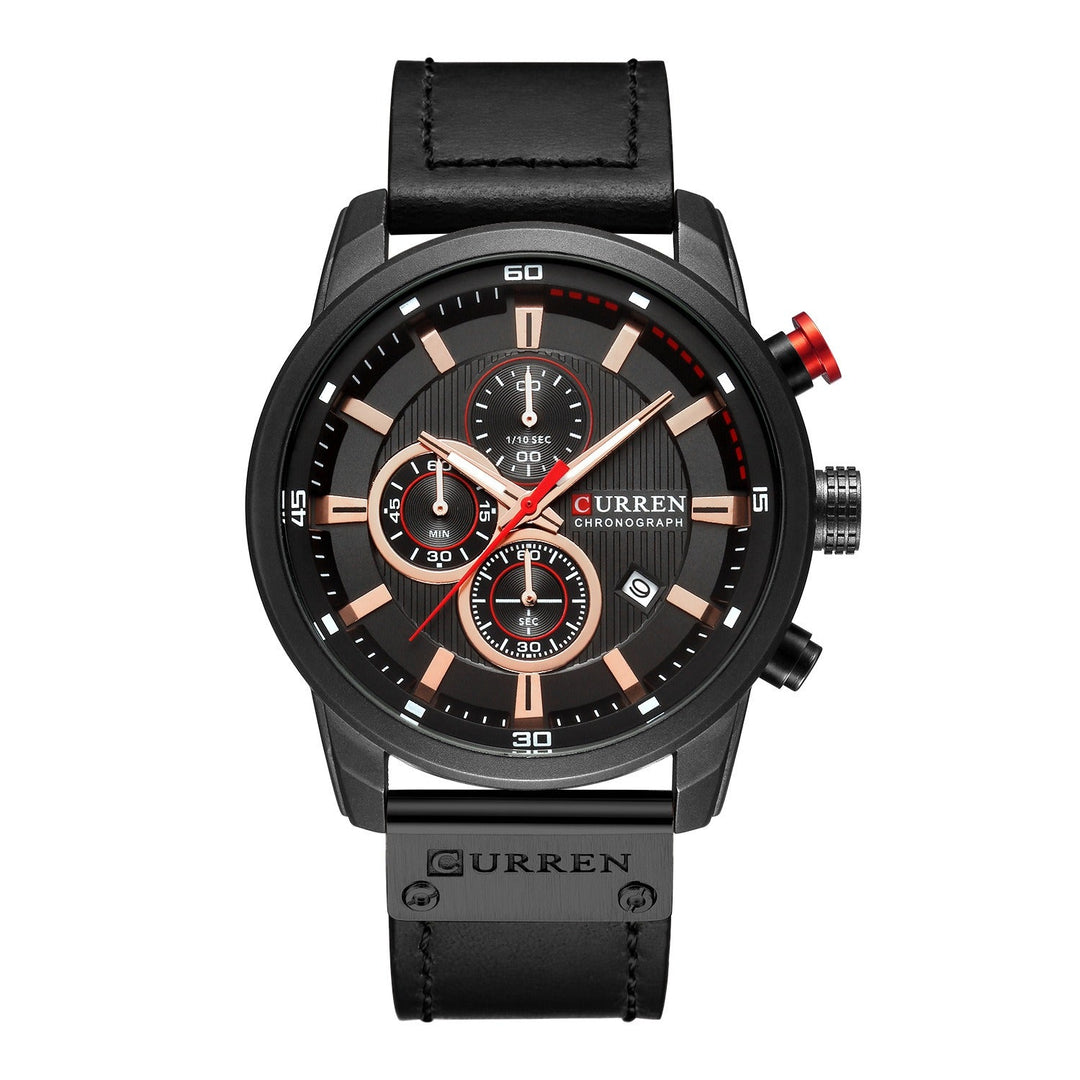 Orologio da polso Curren cronografo, quadrante nero con dettagli rossi e cinturino in pelle nera, design elegante e moderno per uomo.