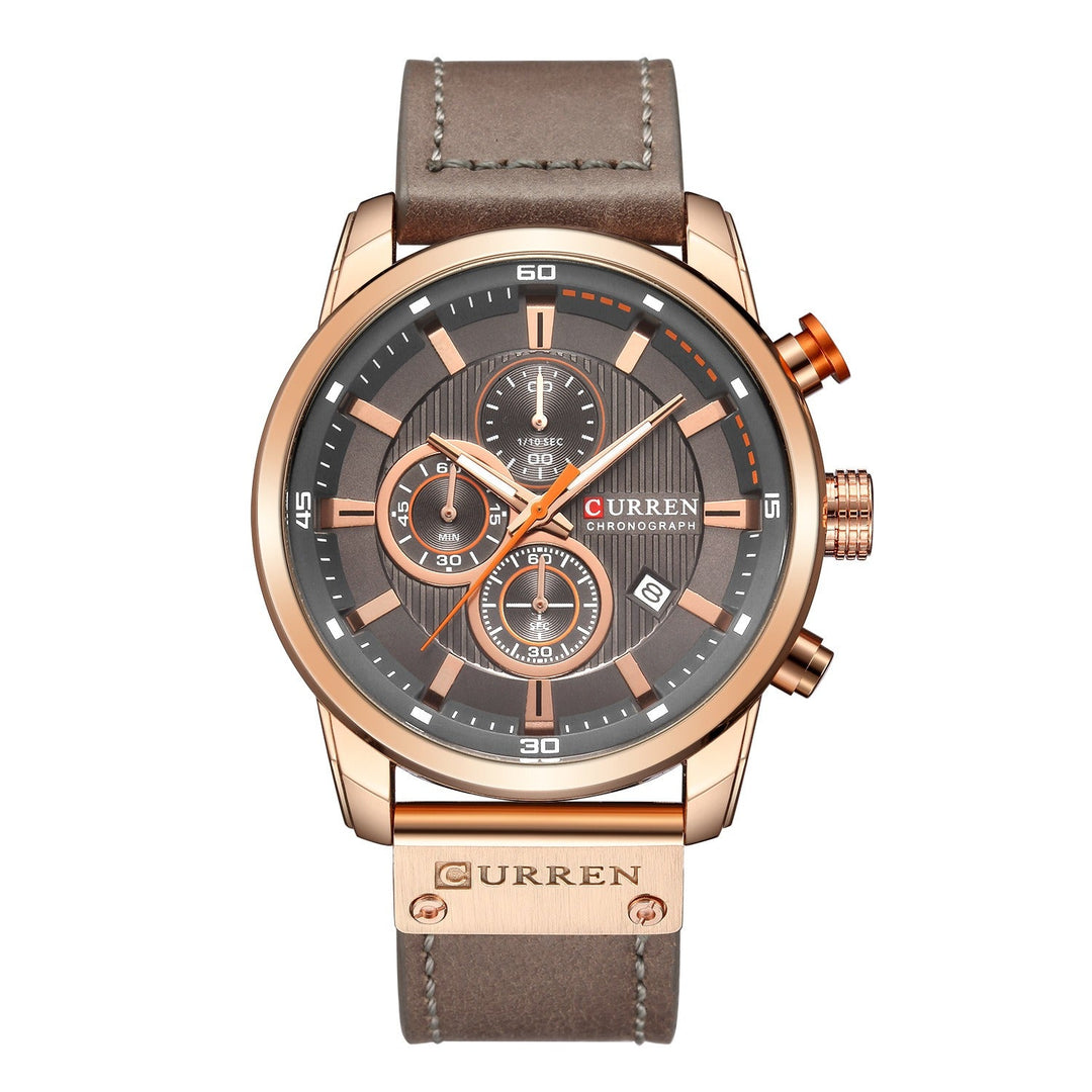 Orologio da polso Curren cronografo uomo, cassa in acciaio inox color oro rosa, quadrante marrone, cinturino in pelle marrone, stile elegante.