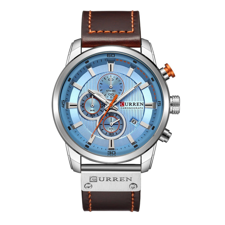 Orologio da polso Curren cronografo, quadrante blu, cinturino in pelle marrone, dettagli in acciaio inox, design elegante e moderno.