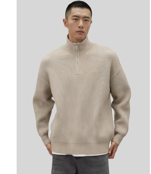 Maglione Uomo Cotone a Coste con Cerniera a Un Quarto