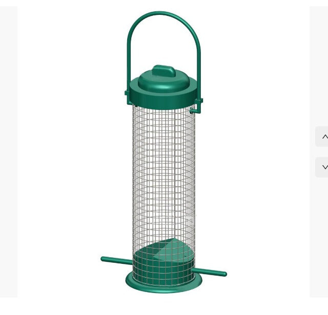 Mangiatoia per uccelli in metallo verde, design cilindrico con rete, ideale per giardino. Accessorio per alimentazione uccelli selvatici.