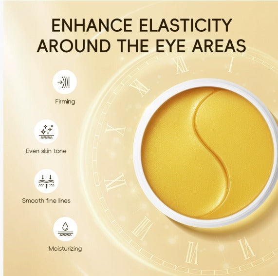 Maschera occhi dorata per elasticità pelle, riduzione rughe, tono uniforme. Idratante, rassodante, ideale contorno occhi. Skincare anti-età.