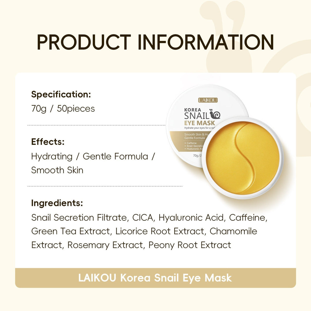 Confezione di maschere occhi Laikou Korea Snail, 70g/50 pezzi, formula idratante con filtrato di bava di lumaca, CICA, acido ialuronico.