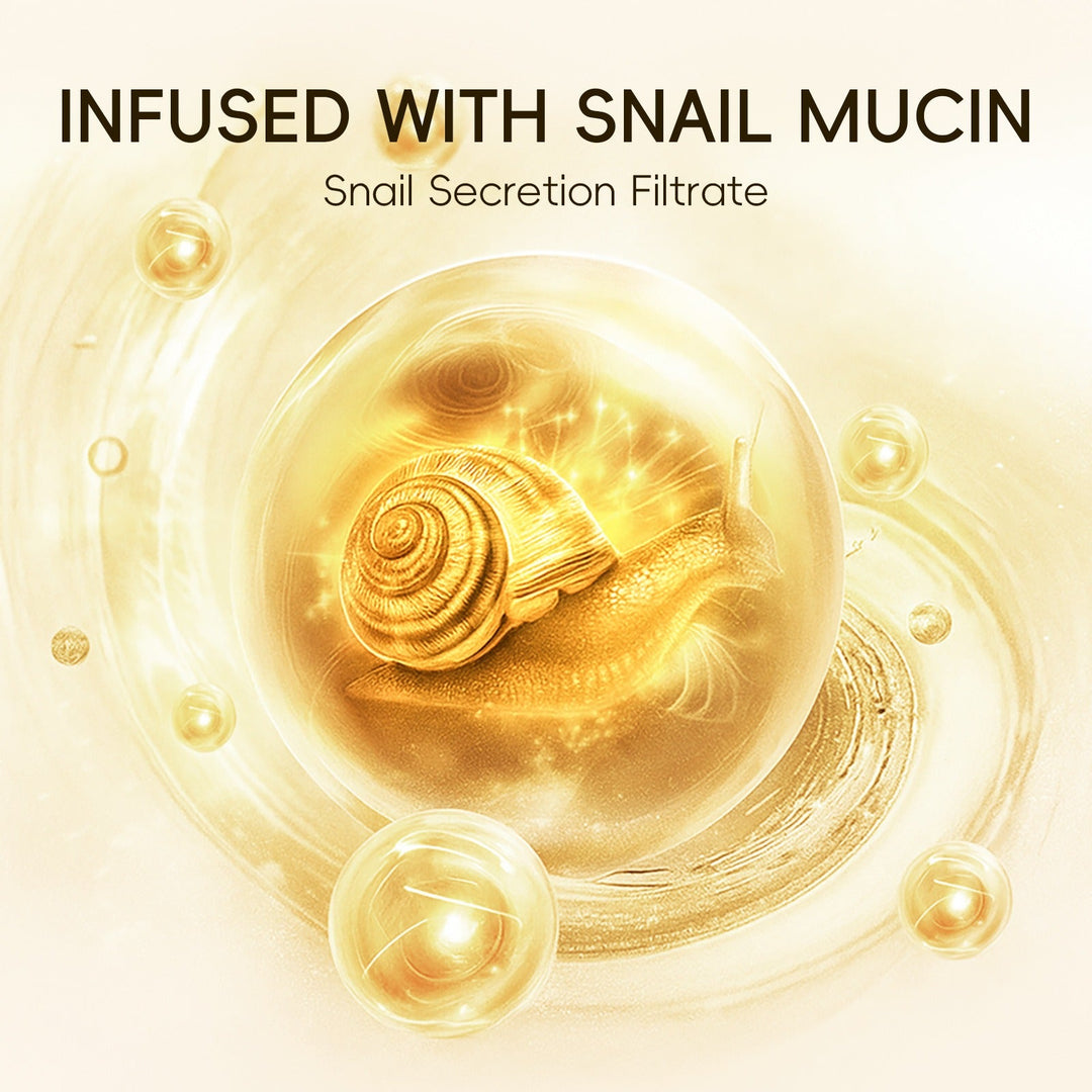 Immagine di una lumaca dorata in una bolla, evidenziando l'uso di mucina di lumaca in prodotti cosmetici. Testo: "Infused with Snail Mucin".