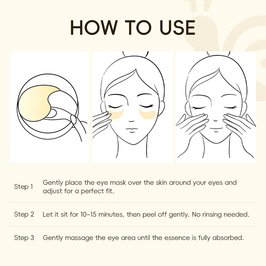 Istruzioni per l'uso maschera occhi: applicare, lasciare agire 10-15 minuti, rimuovere, massaggiare. Cura occhi, idratazione, bellezza viso.