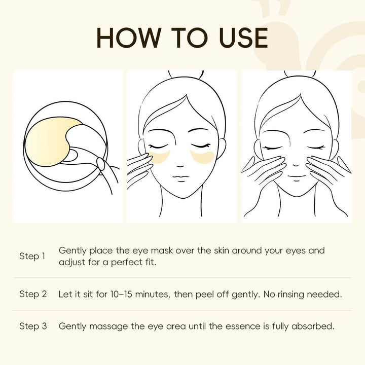 Istruzioni per l'uso maschera occhi: applicare, lasciare agire 10-15 minuti, rimuovere, massaggiare. Cura occhi, idratazione, bellezza viso.
