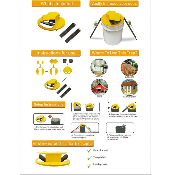 Trappola per topi gialla con secchio, istruzioni d'uso illustrate. Utilizzo in interni ed esterni. Aumenta probabilità di cattura. Accessori inclusi.
