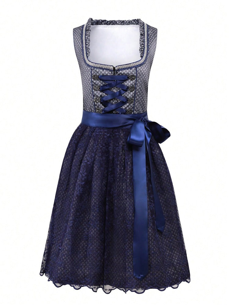 Abito tradizionale dirndl blu scuro con corpetto ricamato, lacci decorativi e gonna in pizzo, ideale per Oktoberfest e feste a tema bavarese.