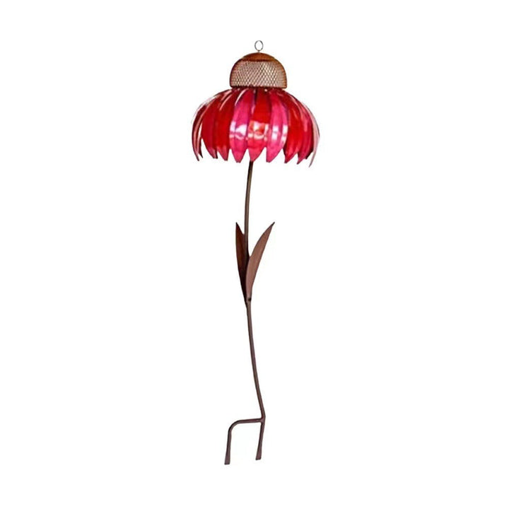 Lampada da giardino a forma di fiore rosso, design decorativo in metallo, ideale per esterni. Stile floreale, illuminazione creativa per giardini.