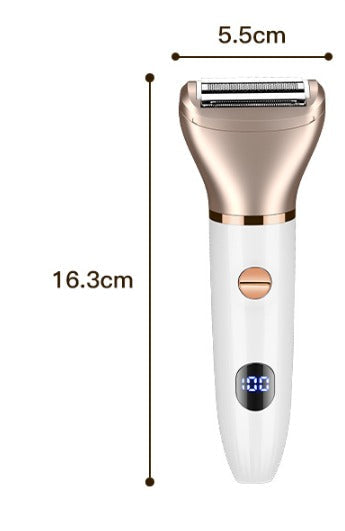 Rasoio elettrico da donna, colore oro rosa e bianco, con display digitale. Dimensioni: 16,3 cm x 5,5 cm. Ideale per depilazione efficace.