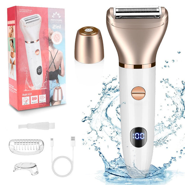 Rasoio elettrico 2 in 1 bianco e oro rosa con display LED, accessori inclusi e confezione. Impermeabile, ideale per depilazione corpo femminile.