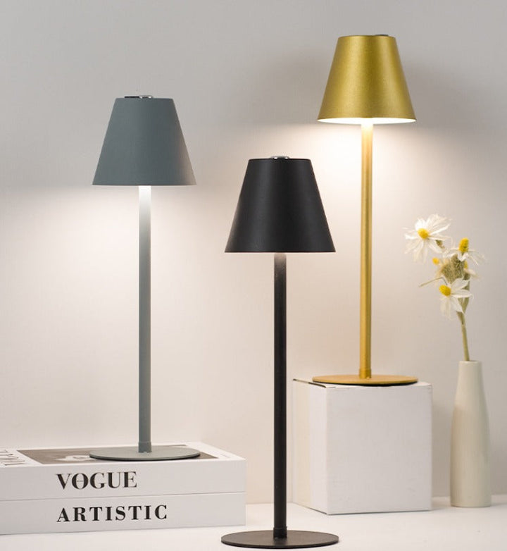 Tre eleganti lampade da tavolo moderne in nero, grigio e oro su sfondo bianco, accanto a un vaso con fiori e libri di design. Illuminazione d'interni.