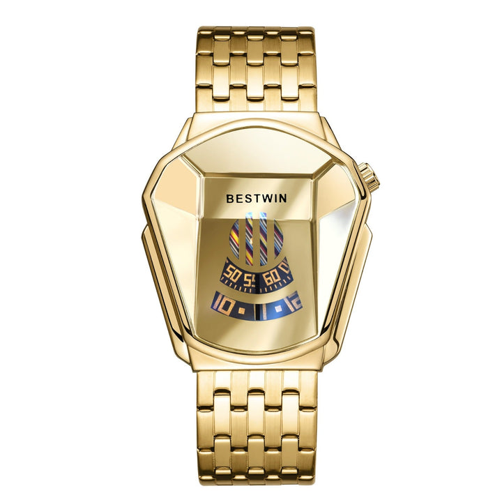 Orologio digitale Bestwin in oro, design futuristico, quadrante geometrico, cinturino a maglie, stile elegante e moderno.
