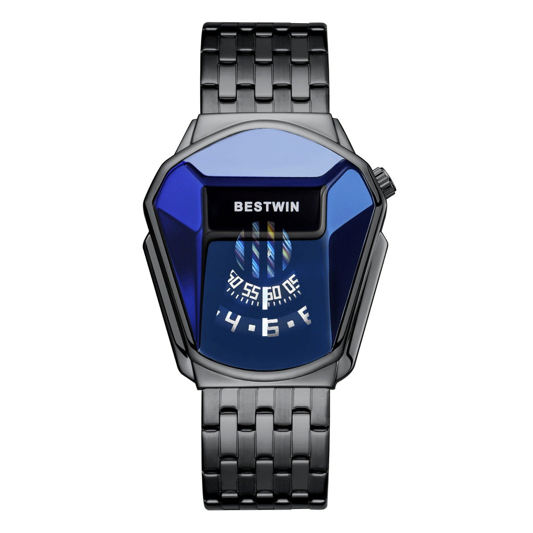 Orologio digitale futuristico Bestwin, quadrante blu geometrico, cinturino in acciaio nero, design moderno e innovativo, accessorio di tendenza.