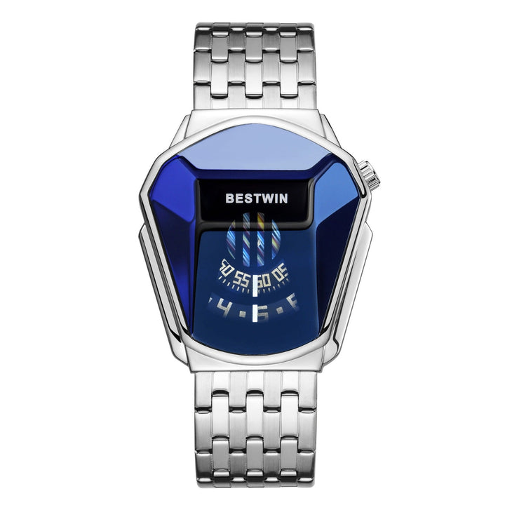Orologio digitale Bestwin con quadrante blu futuristico, cinturino in acciaio inossidabile, design moderno e display a LED, accessorio elegante per uomo.