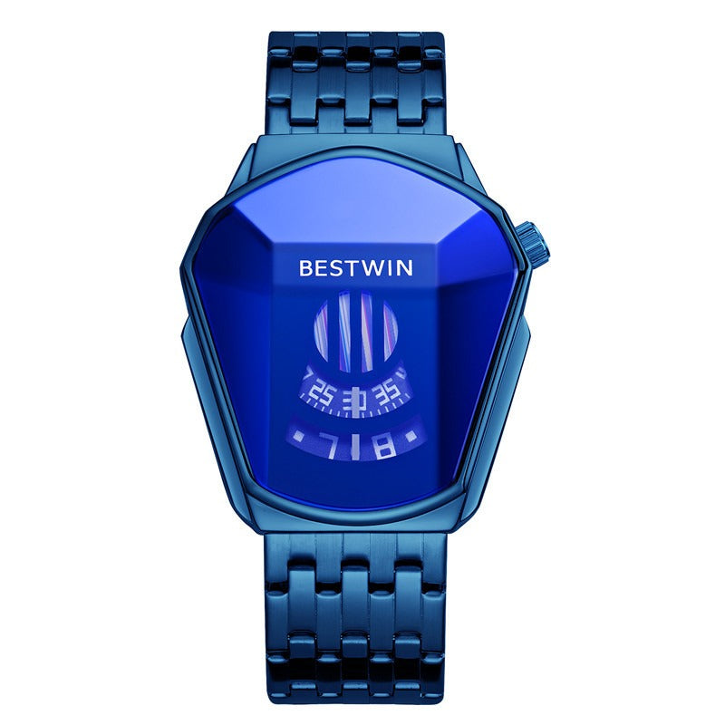 Orologio digitale blu Bestwin con design futuristico, quadrante geometrico e cinturino in metallo. Accessorio moderno ed elegante per uomo.
