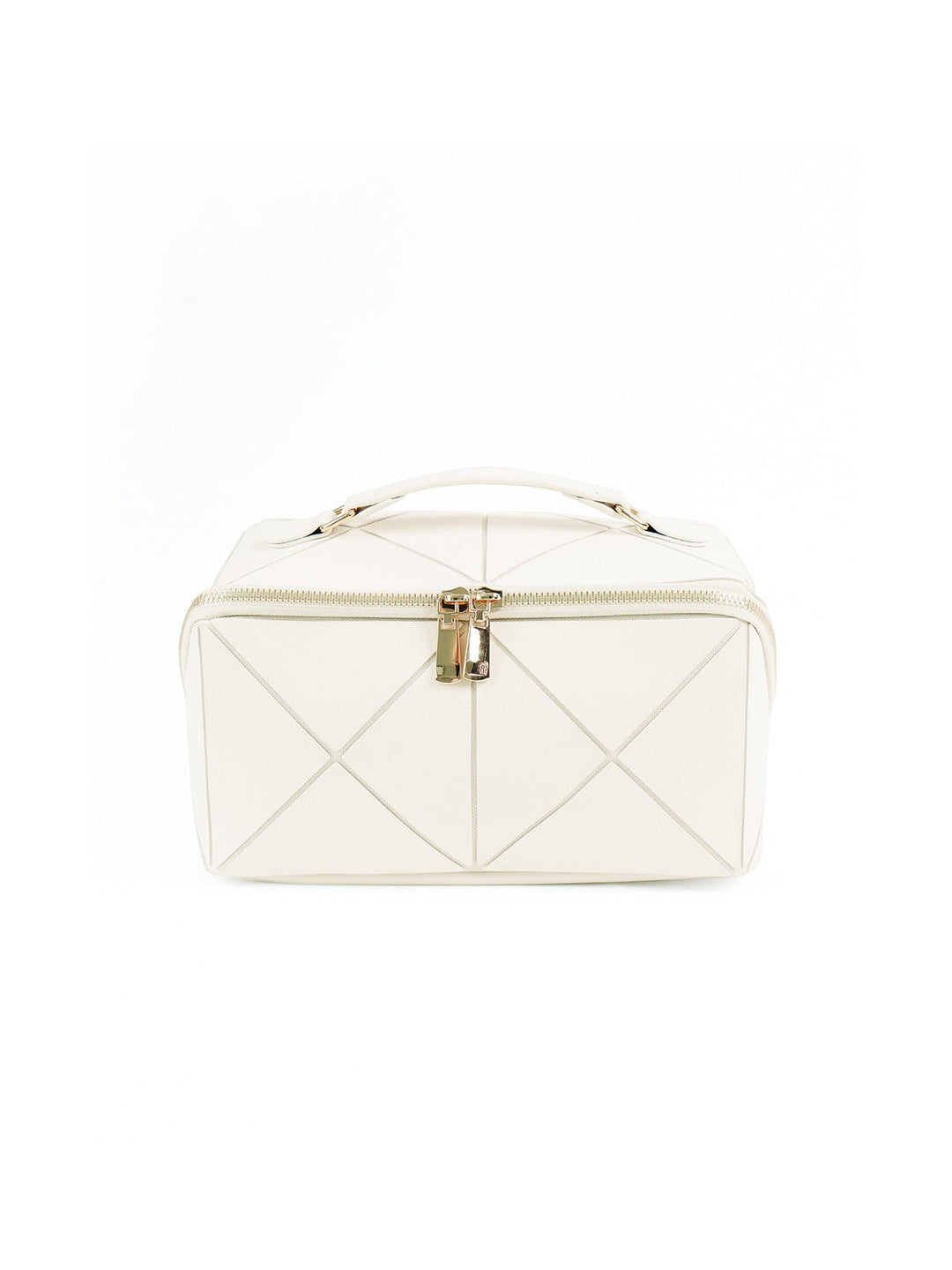 Elegante borsa a mano bianca in pelle trapuntata con chiusura a zip dorata, design moderno e minimalista, accessorio moda di lusso.