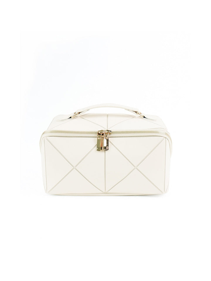 Elegante borsa a mano bianca in pelle trapuntata con chiusura a zip dorata, design moderno e minimalista, accessorio moda di lusso.