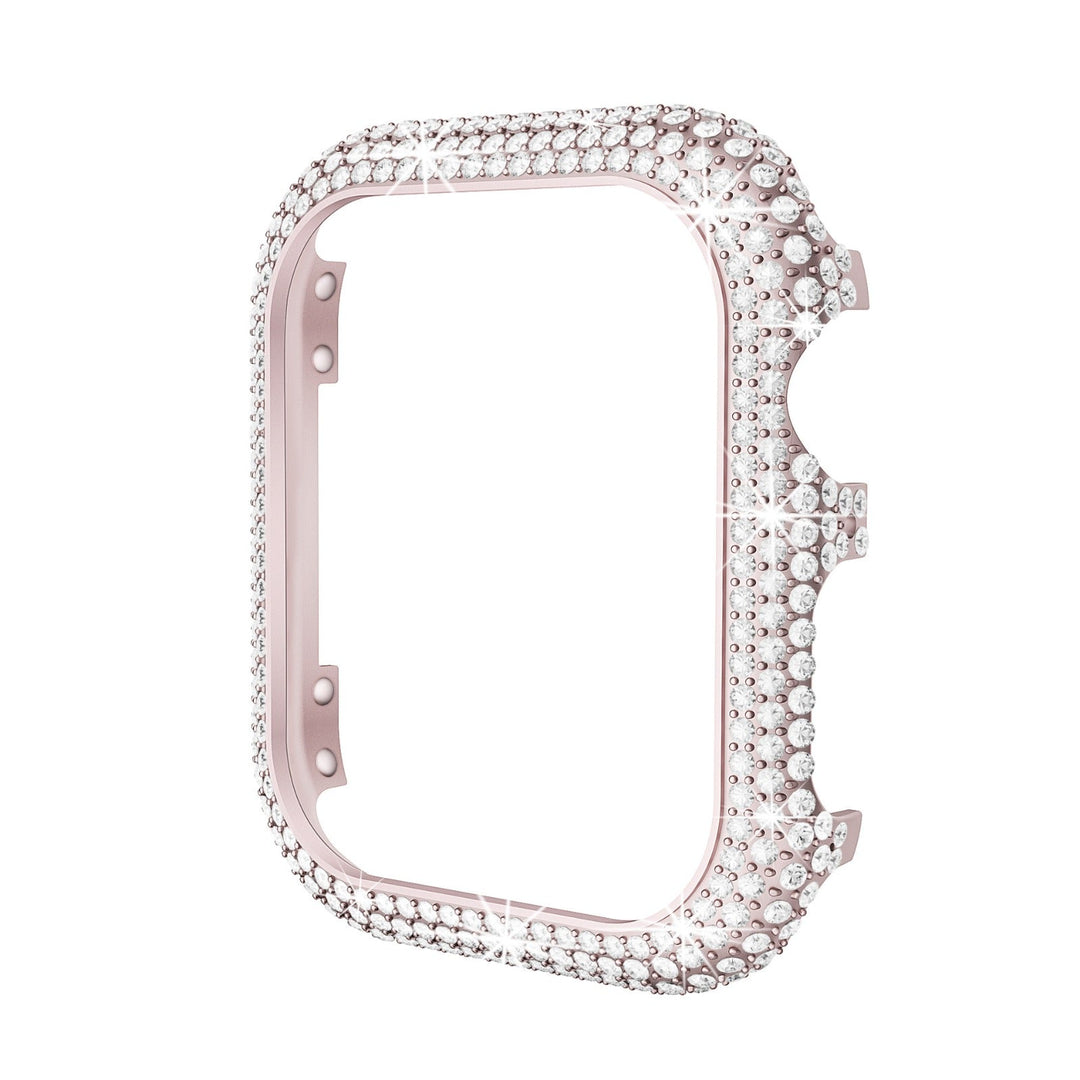 Custodia per smartwatch in metallo rosa con cristalli scintillanti, design elegante e lussuoso, protezione accessori orologio, moda tecnologia.