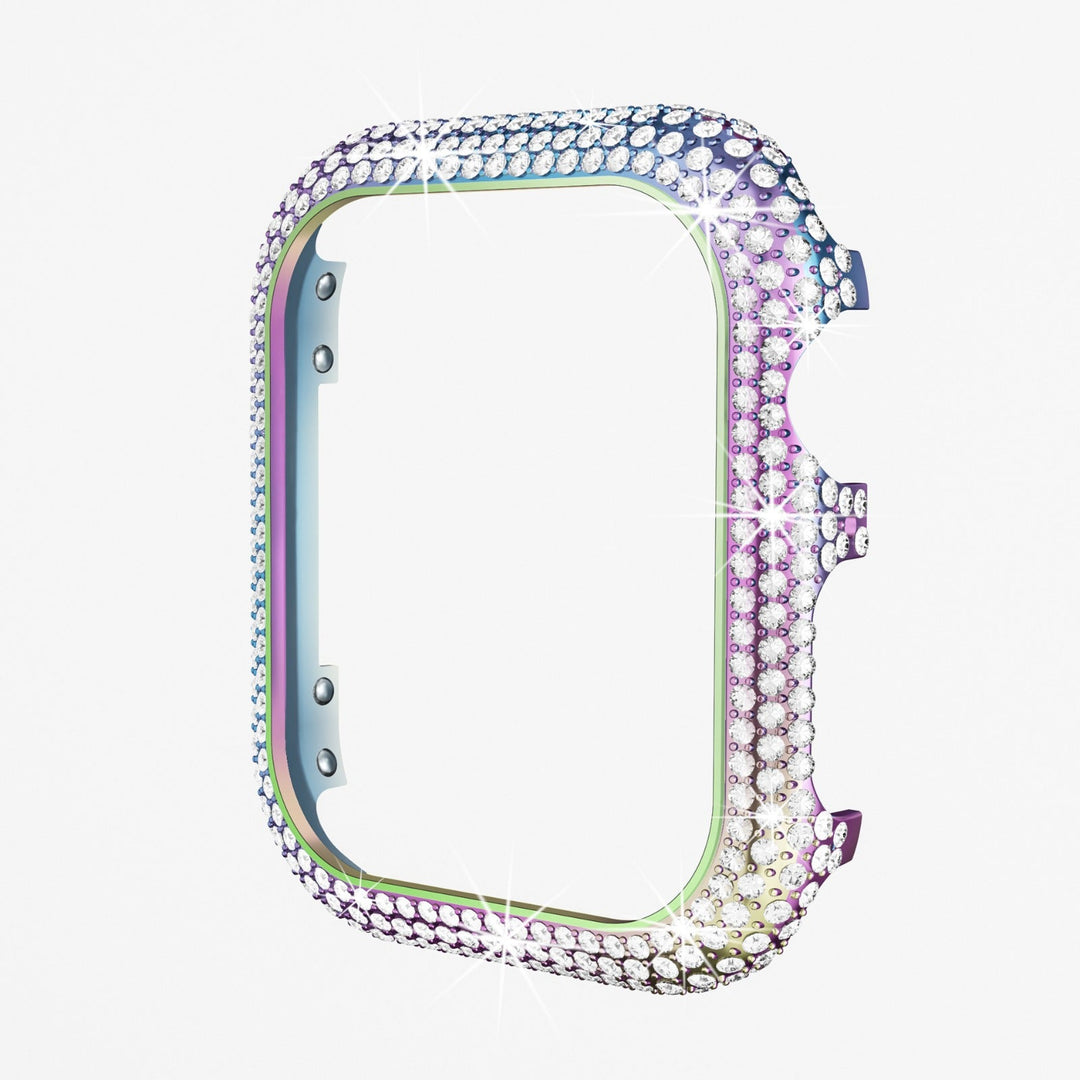 Custodia per smartwatch in cristalli scintillanti multicolore, design elegante e lussuoso, protezione accessorio moda, sfondo bianco.