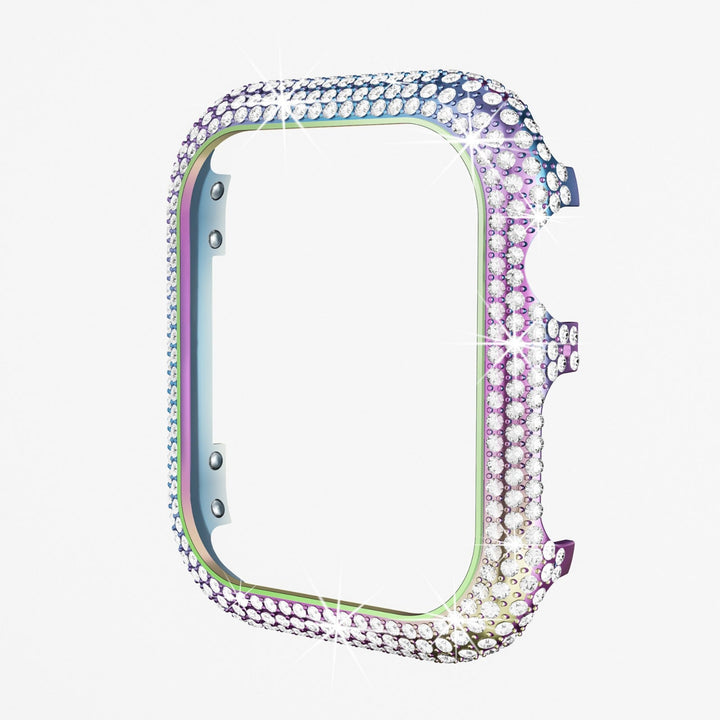 Custodia per smartwatch in cristalli scintillanti multicolore, design elegante e lussuoso, protezione accessorio moda, sfondo bianco.