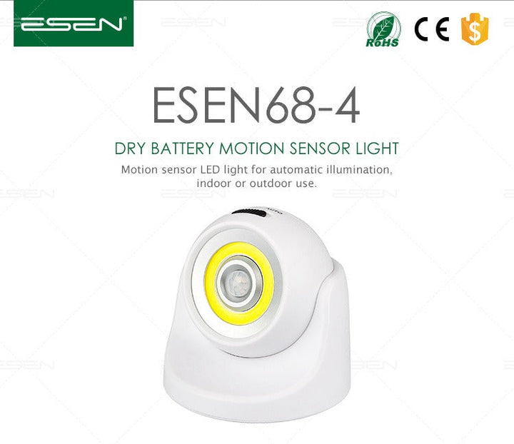 Sensore di movimento a batteria ESEN68-4, luce LED automatica per interni ed esterni, certificazioni CE e RoHS, design compatto e moderno.