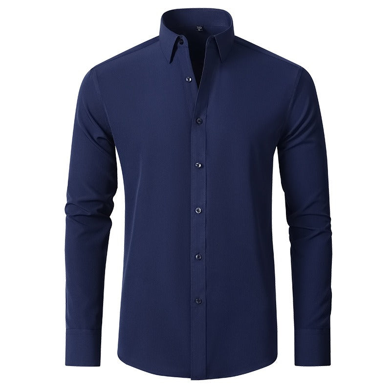 Camicia elegante uomo blu scuro, maniche lunghe, colletto classico, bottoni frontali. Moda maschile, abbigliamento formale, stile sofisticato.
