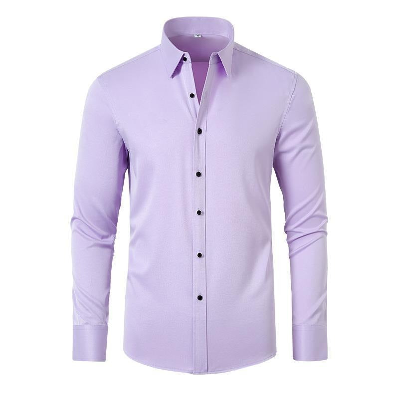 Camicia elegante da uomo in cotone, colore lilla, con bottoni neri. Design a maniche lunghe, ideale per abbigliamento formale e casual.