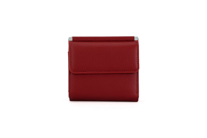 Portafoglio rosso in pelle, design compatto, chiusura a scatto, accessorio moda elegante, ideale per donna, alta qualità, stile moderno.