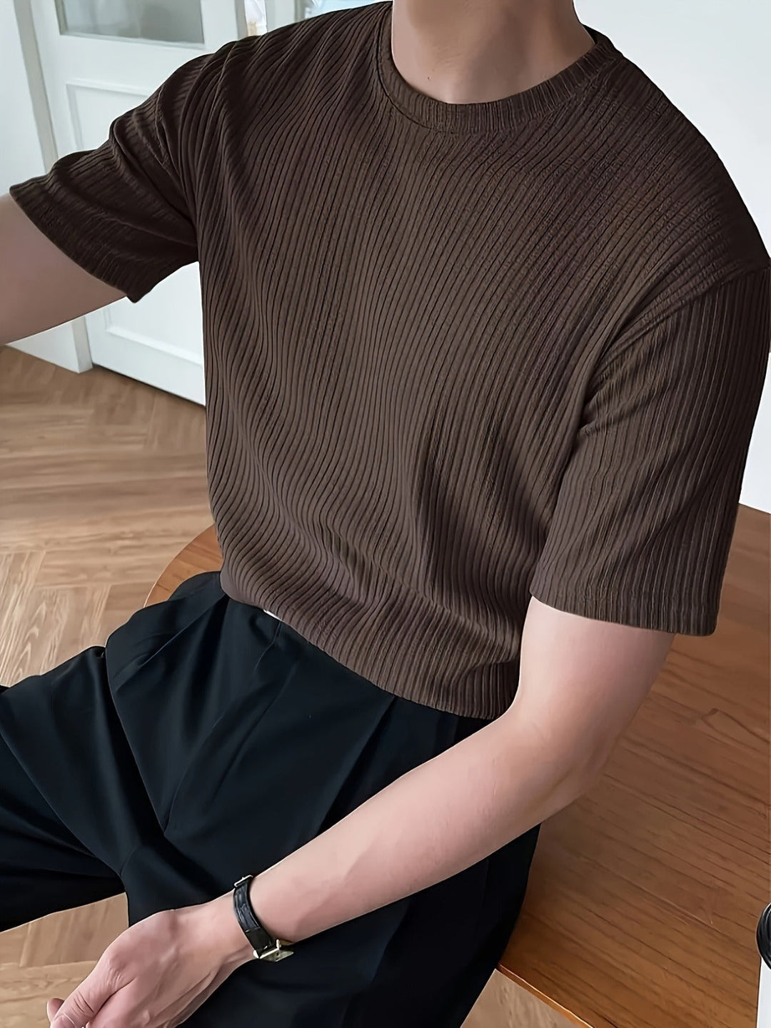 Maglia Uomo Leggera in Maglia a Coste Girocollo Manica Lunga Slim