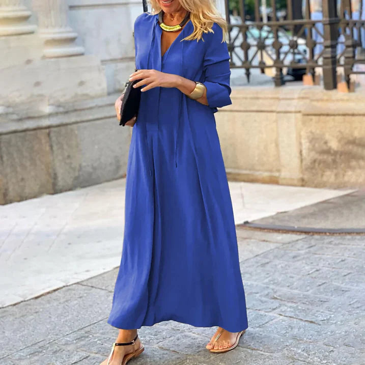 Abito Lungo Donna Svasato Maniche Lunghe Scollo a V