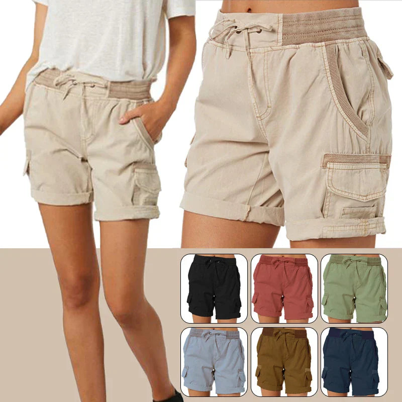Shorts cargo da donna in cotone beige con tasche multiple, disponibili in vari colori. Ideali per l'estate e attività all'aperto.