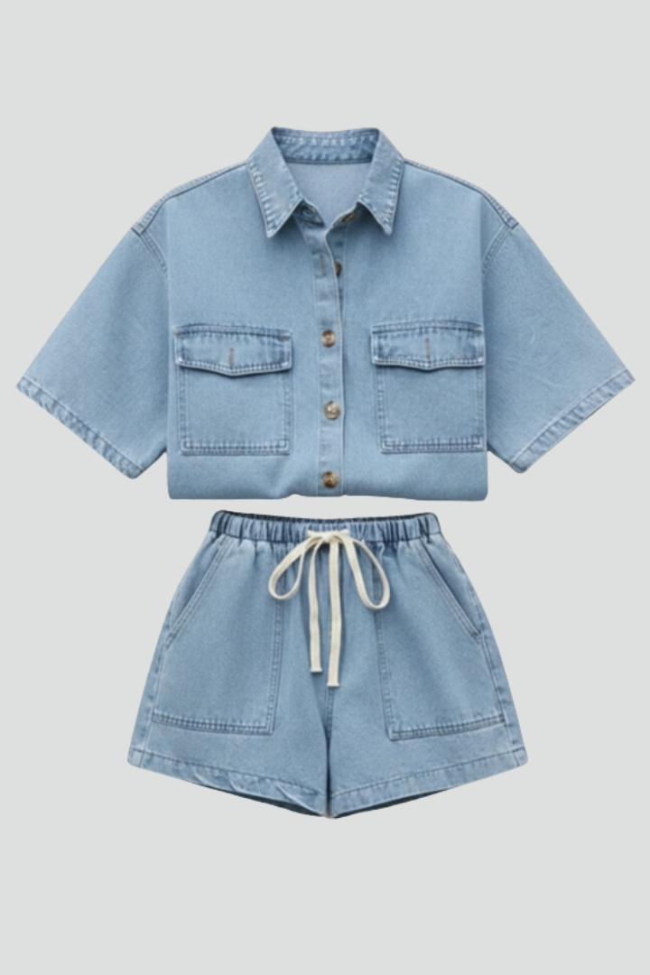 Completo Donna Denim Giacca Maniche Corte Shorts Vita Alta - Vesarelli