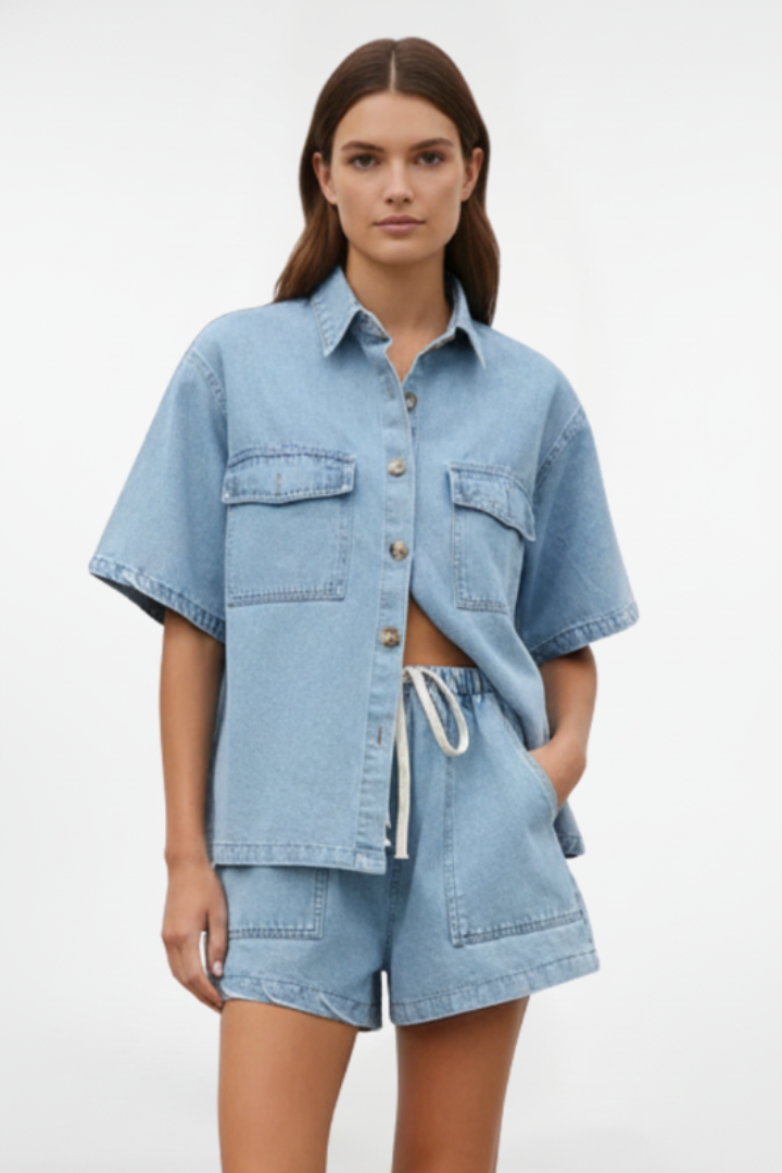 Completo Donna Denim Giacca Maniche Corte Shorts Vita Alta