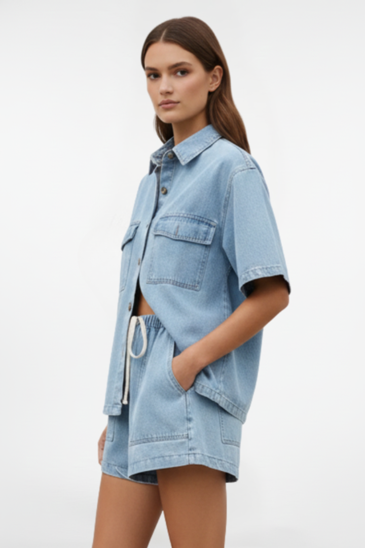 Completo Donna Denim Giacca Maniche Corte Shorts Vita Alta