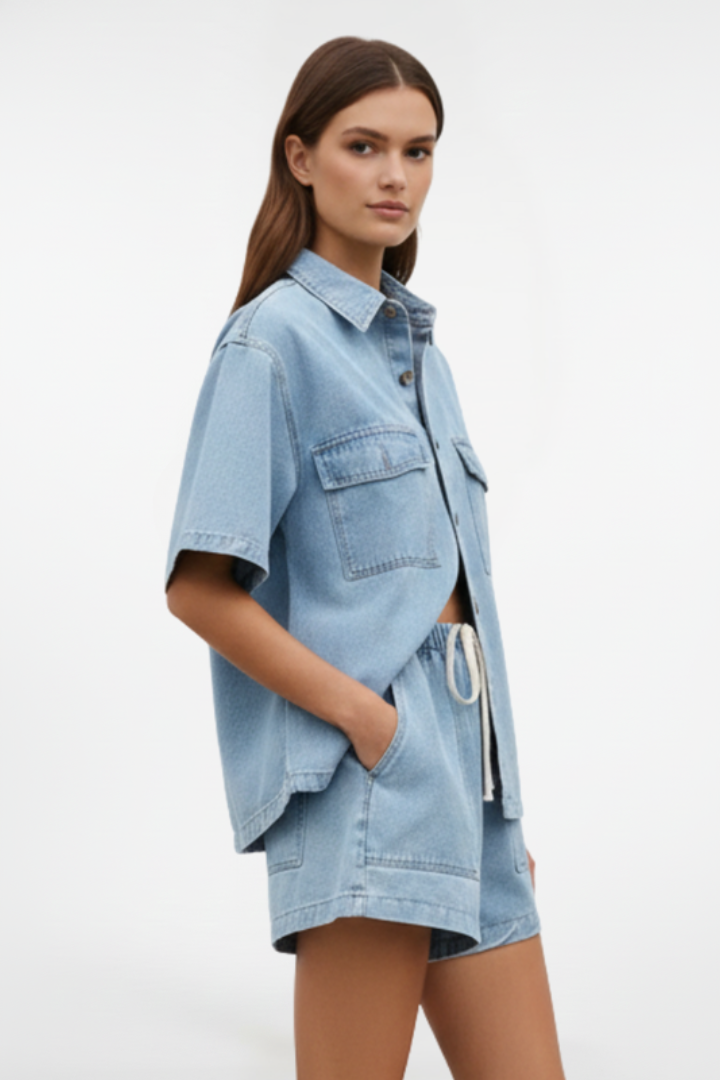 Completo Donna Denim Giacca Maniche Corte Shorts Vita Alta