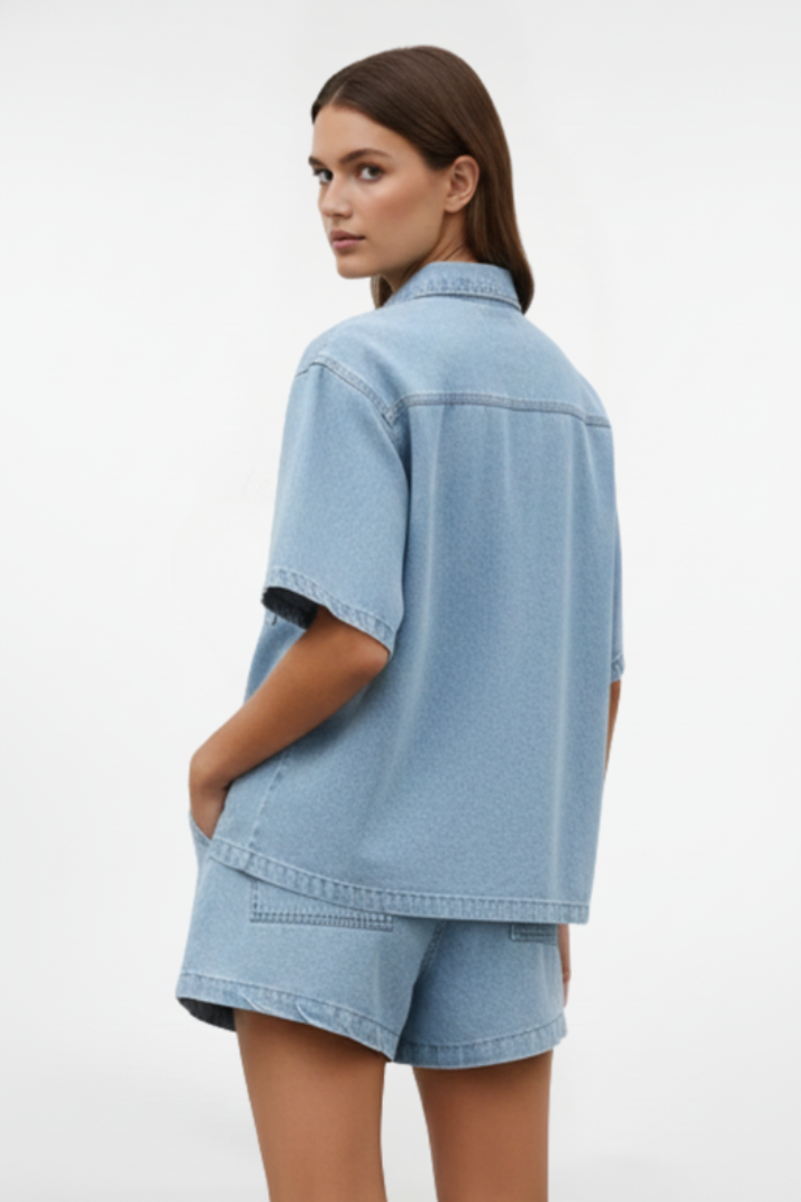 Completo Donna Denim Giacca Maniche Corte Shorts Vita Alta