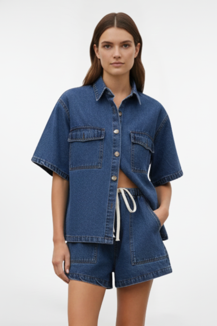 Completo Donna Denim Giacca Maniche Corte Shorts Vita Alta