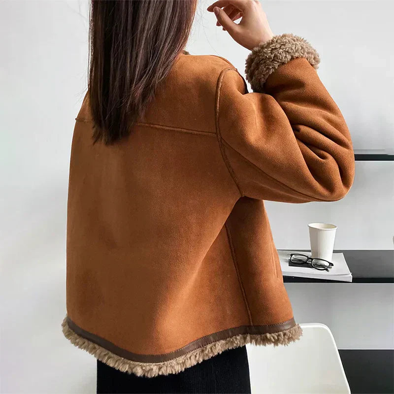 Giacca Donna in Suede Sintetico con Fodera in Pelliccia Corta