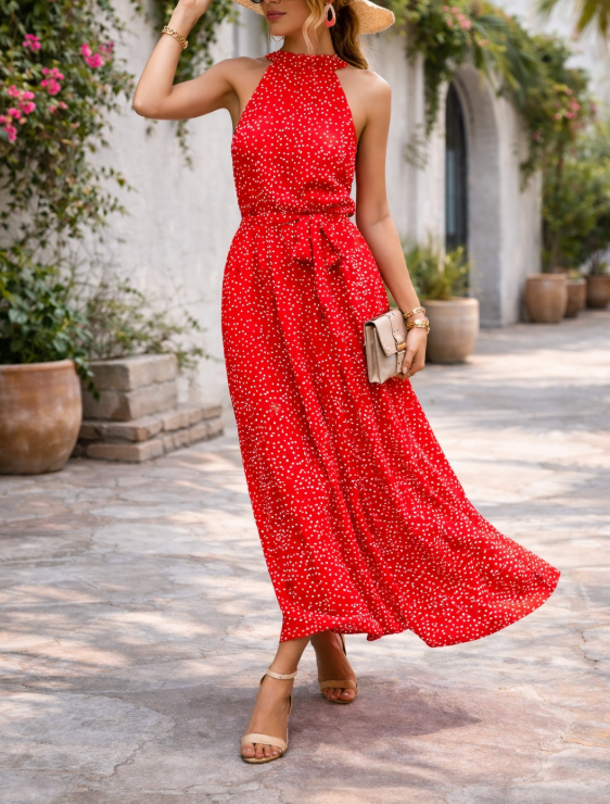 Abito lungo Donna in Tessuto Fluido Stile Estivo Casual Elegante