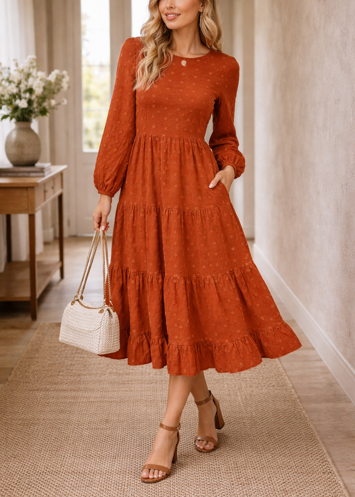 Abito Lungo Donna Tessuto Fluido Scollo Rotondo Casual - Vesarelli