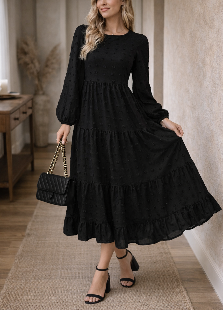 Abito Lungo Donna Tessuto Fluido Scollo Rotondo Casual