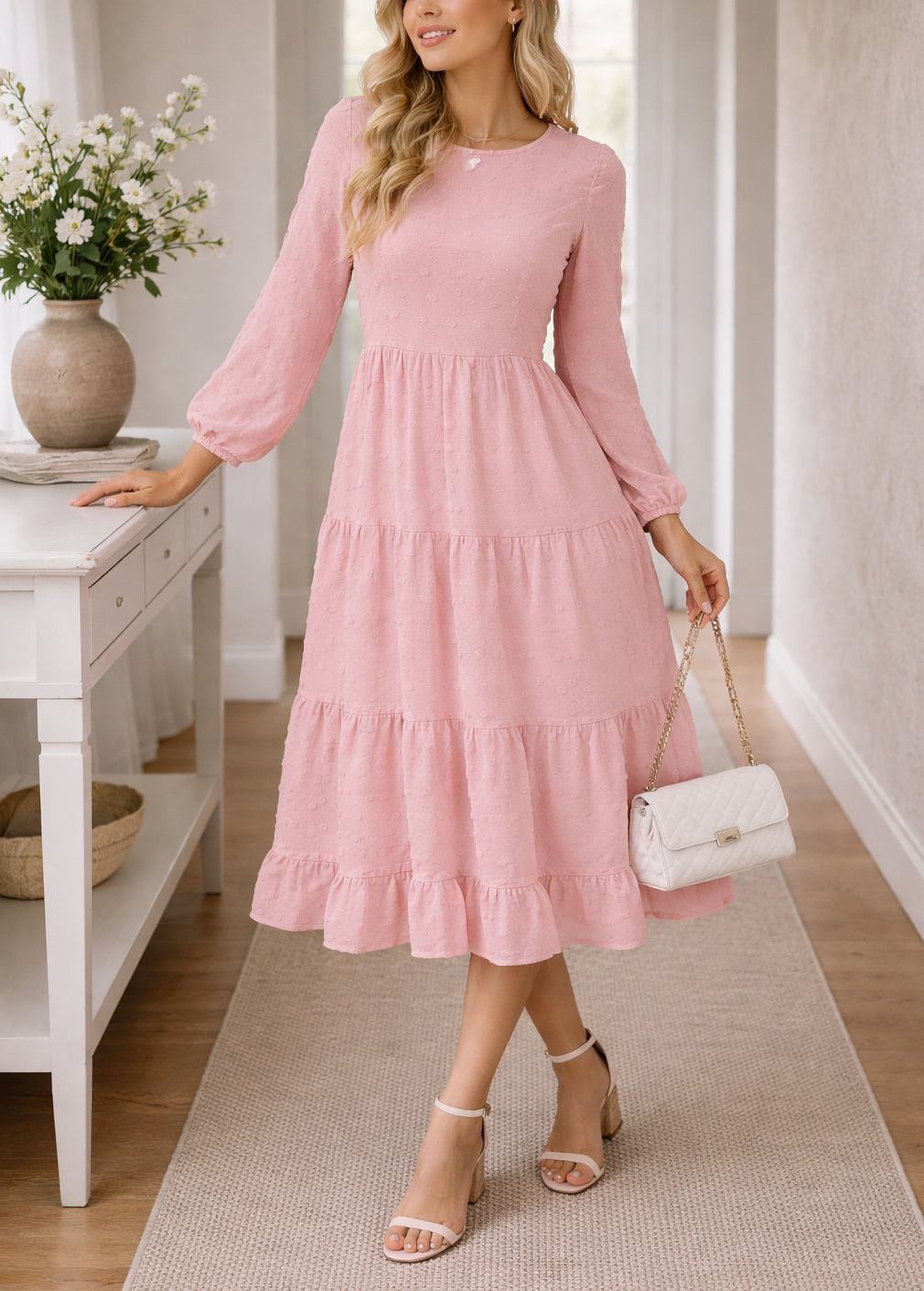 Abito Lungo Donna Tessuto Fluido Scollo Rotondo Casual